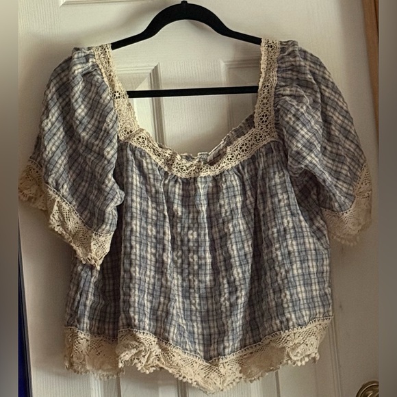 Plaid Lace Trim Women Top XL - Picture 7 of 7